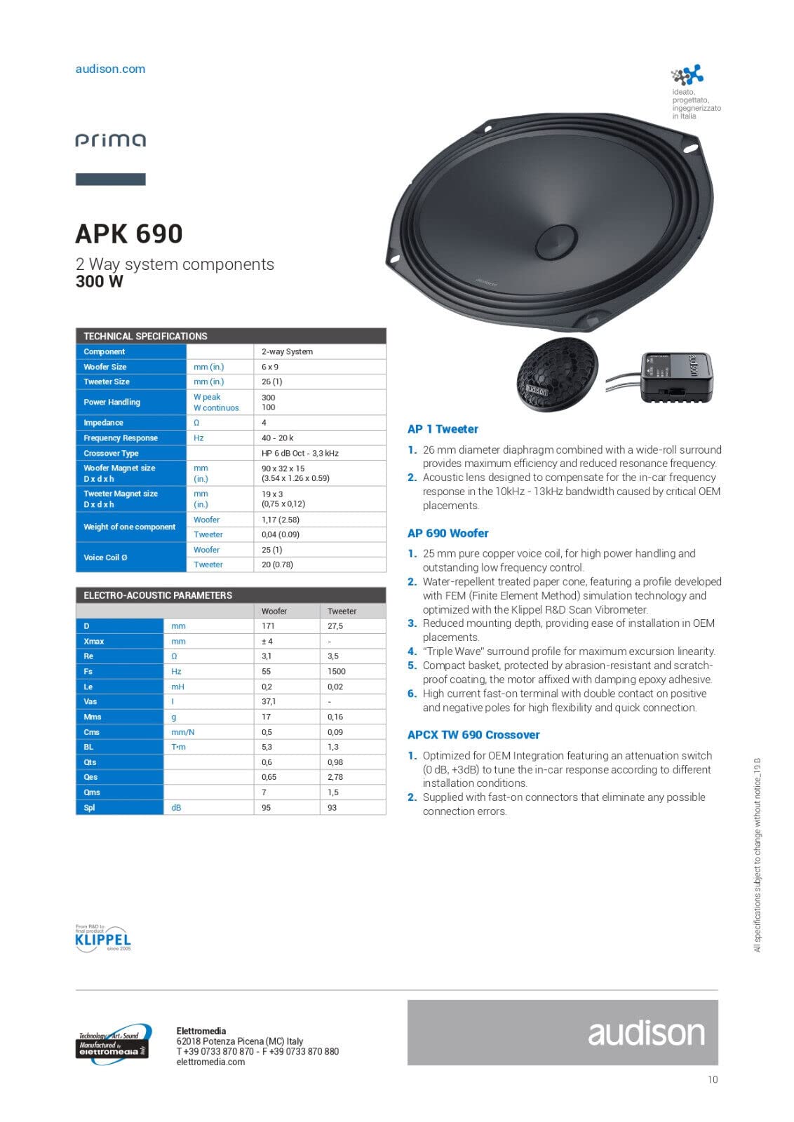 Audison Prima APK-690 altoparlanti 6x9 100W 4 Ohm