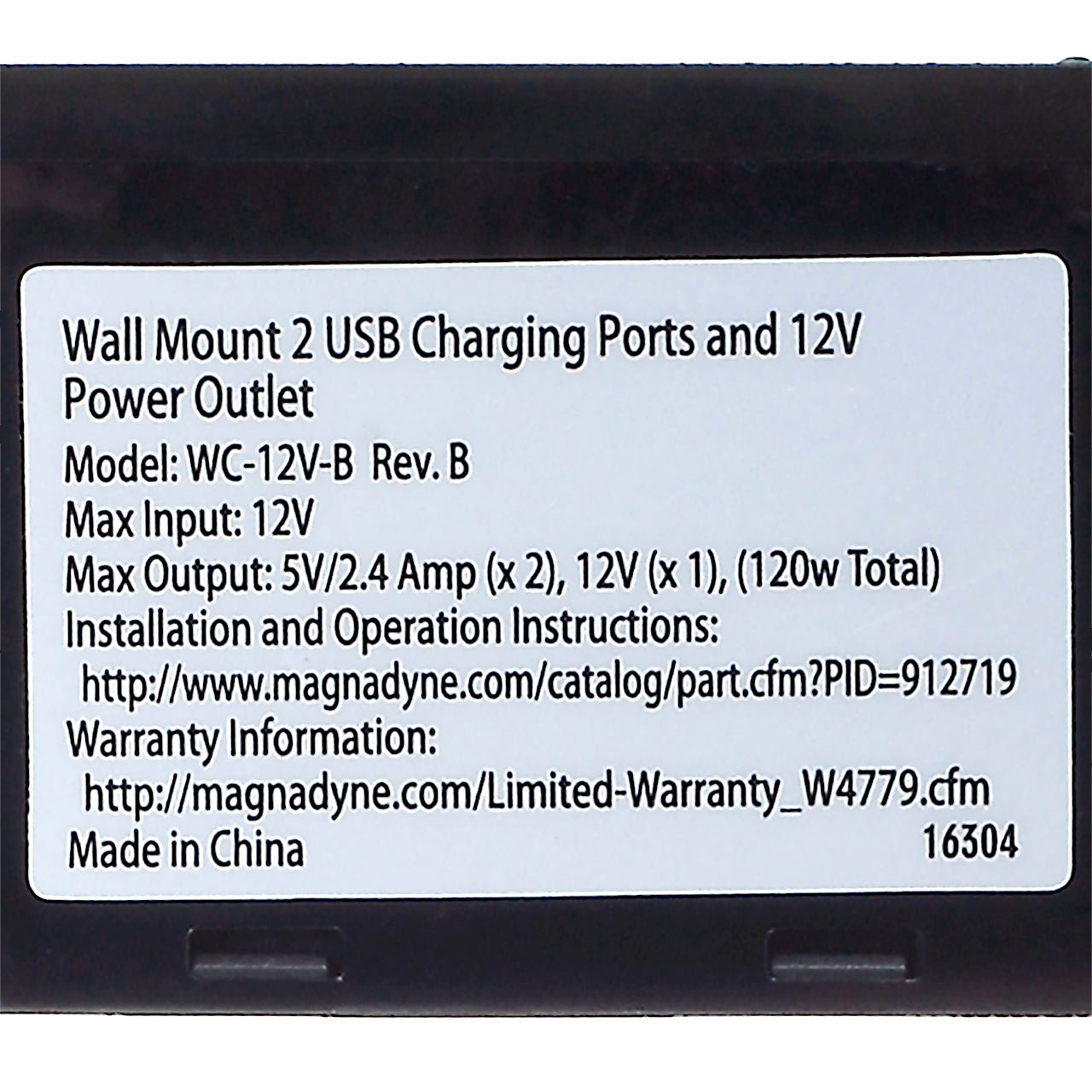 Magnadyne WCP-12V-B Caricatore USB Parete 2 Porte + 12V