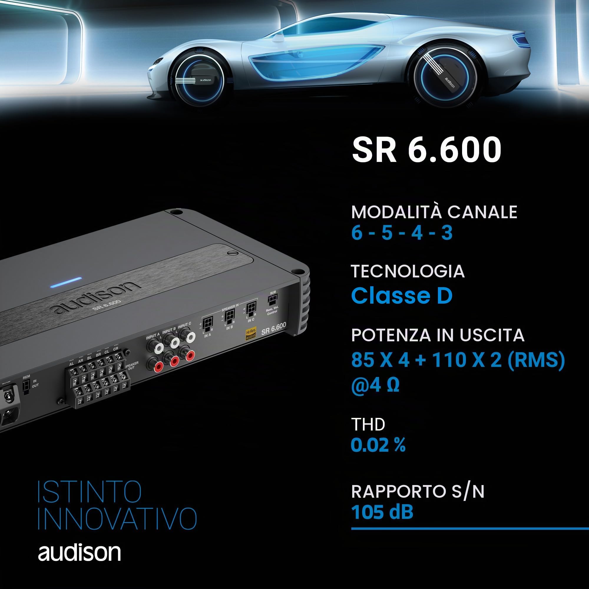 Audison SR 6.600 amplificatore 6 canali 1120W Hi-Res per auto
